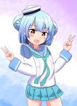  1girl aqua_neckerchief aqua_sailor_collar aqua_skirt blue_hair brown_eyes dixie_cup_hat double_bun double_v fang hair_bun hat highres ikuzu_nizyuni kantai_collection long_sleeves military_hat neckerchief open_mouth sailor_collar samuel_b._roberts_(kancolle) school_uniform serafuku short_hair shoulder_pads skin_fang skirt smile solo v white_hat 