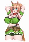  1girl :d absurdres animal_ears armband armpits arms_behind_head arms_up bandeau bare_shoulders belt blue_eyes blush breasts brown_belt brown_hair cleavage collarbone colt_single_action_army commentary cropped_legs green_armband green_bandeau green_shorts green_skirt gun hair_between_eyes hair_ornament highres holstered horse_ears horse_girl horse_tail large_breasts long_hair navel newbienoodles open_mouth paid_reward_available ponytail red_scarf revolver scarf sheriff_badge short_shorts shorts shorts_under_skirt sidelocks simple_background skirt smile solo standing star_(symbol) star_hair_ornament taiki_shuttle_(umamusume) tail umamusume variant_set weapon white_background 