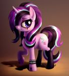  2018 aged_down alternate_hairstyle bracelet choker clothing cutie_mark equine eyebrows eyelashes eyeliner female feral friendship_is_magic goth hair hi_res hooves horn jewelry legwear makeup mammal mascara mostly_nude multicolored_hair my_little_pony portrait purple_eyes raised_leg shadow simple_background socks solo spiked_bracelet spikes standing starlight_glimmer_(mlp) teenager unicorn young zetamad 