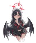  1girl ;d absurdres ahoge angel_wings armband backlighting between_legs black_choker black_hair black_sailor_collar black_serafuku black_shirt black_skirt black_wings blue_archive blush choker commentary couch crop_top fang feathered_wings feet_out_of_frame grey_eyes halo hand_between_legs hand_up highres ichika_(blue_archive) index_finger_raised indoors long_hair long_sleeves looking_at_viewer low_wings midriff miniskirt navel neckerchief on_couch one_eye_closed open_mouth pleated_skirt red_armband red_halo red_neckerchief sailor_collar school_uniform serafuku shirt shj1998z sitting skin_fang skirt smile solo sweat thighs unusually_open_eyes very_long_hair window wings 