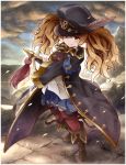  bangs blonde_hair boots coat commentary_request feathers granblue_fantasy hat long_hair long_sleeves monica_weisswind peaked_cap pleated_skirt skirt smile solo sword thighhighs tobi_(nekomata_homara) twintails weapon 