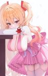  1girl absurdres bare_shoulders blonde_hair breasts cleavage commentary_request commission covered_nipples cowboy_shot demonia_(hiyono) detached_sleeves dress frilled_dress frills g_home garter_straps gradient_hair grin hair_ribbon hanging_breasts highres korean_commentary large_breasts leaning_forward long_hair long_sleeves looking_at_viewer multicolored_hair original pink_dress red_eyes ribbon sideboob simple_background skindentation sleeveless sleeveless_dress smile solo thighhighs two_side_up very_long_hair white_background white_thighhighs zettai_ryouiki 