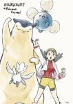  1girl :o arm_up bike_shorts clenched_hands commentary_request copyright_name dated flipped_hair hat highres jacket jumpluff kris_(pokemon) nanndana open_clothes open_jacket open_mouth pokegear pokemon pokemon_(creature) pokemon_gsc red_shirt shirt signature teeth togetic twintails typhlosion upper_teeth_only white_jacket yellow_hat 