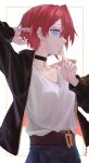  1girl ange_katrina ange_katrina_(5th_costume) belt black_choker black_jacket blue_eyes border breasts brown_belt choker closed_mouth collarbone earrings elmida finger_to_mouth gold_earrings hand_in_own_hair hands_up highres inset_border jacket jewelry long_sleeves looking_at_viewer looking_to_the_side nijisanji open_clothes open_jacket orange_border orange_jacket outside_border pendant_choker profile red_hair shirt shirt_tucked_in short_hair shushing simple_background single_hair_intake small_breasts smile solo triangle_earrings two-sided_fabric two-sided_jacket upper_body virtual_youtuber white_background white_shirt 