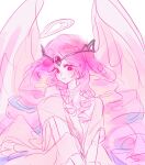  1girl angel angel_wings colored_skin cookie_run cookie_run:_kingdom dress eternal_sugar_cookie eyes_on_wings highres humanization kerrolyk long_hair looking_at_viewer pink_eyes pink_hair pink_skin smile solo very_long_hair white_dress white_eyeshadow wings 