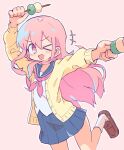  1girl ;d blue_skirt blush cardigan dango food holding holding_food ice_cream loafers long_hair one_eye_closed open_mouth original outline pink_background pink_eyes pink_hair pleated_skirt popsicle sagami_sagari sailor_collar school_uniform serafuku shoes simple_background skirt smile socks solo striped_background wagashi white_outline 