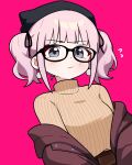  1girl black-framed_eyewear blue_eyes brown_sweater closed_mouth earrings flying_sweatdrops girls_band_cry glasses highres hina_(girls_band_cry) jacket jewelry jorang_(jorang08) long_sleeves looking_at_viewer open_clothes open_jacket pink_background pink_hair red_jacket ribbed_sweater short_hair short_twintails sidelocks simple_background solo sweater sweater_tucked_in turtleneck turtleneck_sweater twintails 