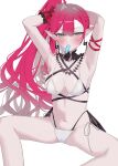  1girl 590kogure590 absurdres armpits arms_behind_head arms_up baobhan_sith_(fate) baobhan_sith_(swimsuit_pretender)_(third_ascension)_(fate) bare_shoulders bikini blush breasts bridal_gauntlets cleavage detached_collar earrings fate/grand_order fate_(series) food grey_eyes highres jewelry large_breasts long_hair looking_at_viewer navel pink_hair pointy_ears popsicle side_ponytail sidelocks sitting solo swimsuit thighhighs thighs white_bikini white_thighhighs 