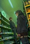  1boy 1girl black_hair clenched_hand earrings english_commentary final_fantasy final_fantasy_vii food food_packaging hood hoodie indoors jewelry long_hair perspective price_tag red_eyes red_hair reno_(ff7) shelf shop standing suit tifa_lockhart toherrys 