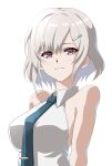 1girl ada_(synduality) arms_at_sides bare_arms bare_shoulders blue_necktie blush breasts closed_mouth collared_shirt commentary_request grey_hair hair_between_eyes hair_ornament hairclip light_smile looking_at_viewer medium_breasts mototenn necktie pink_eyes shirt short_hair simple_background sleeveless sleeveless_shirt solo synduality synduality_echo_of_ada tie_clip upper_body white_background white_shirt 