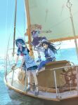  3girls :o ^_^ ankle_socks aqua_shoes blue_dress blue_leggings blue_shirt blue_skirt blue_sky blue_wrist_cuffs blunt_ends blush boat closed_eyes crop_top dress facing_viewer funade_no_mae_no_one_day_trip_(project_sekai) hashtag-only_commentary highres hoshino_ichika_(project_sekai) kiritani_haruka leg_up leggings long_hair looking_at_viewer midriff multiple_girls ocean on_boat open_mouth potienotforty project_sekai puffy_short_sleeves puffy_sleeves sail sailor_collar sailor_dress scrunchie ship&#039;s_wheel shirt shoes short_hair short_sleeves simple_background skirt sky socks standing standing_on_one_leg tenma_saki twintails two-tone_dress watercraft white_dress white_shirt white_socks wrist_cuffs wrist_scrunchie yacht 