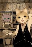  2018 anthro apron beverage blue_eyes bow_tie cat clothing coffee duo feline kuehiko_roshihara male mammal nipp open_mouth simple_background standing stripes tapio_chatarozawa whiskers working_buddies! yellow_eyes 