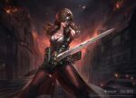  1girl absurdres bachzim beatrix_(ff9) breasts cleavage copyright_name curly_hair embers eyepatch fighting_stance final_fantasy final_fantasy_ix greatsword highres holding holding_sword holding_weapon large_breasts magic:_the_gathering official_art pantyhose save_the_queen scabbard sheath solo sword weapon 