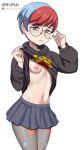  1girl adjusting_eyewear black-framed_eyewear breasts closed_mouth clothes_lift commentary cowboy_shot glasses grey_eyes hands_up highres hood hoodie hoodie_lift lifting_own_clothes long_sleeves looking_at_viewer multicolored_hair navel nipples no_bra pantyhose patreon_logo penny_(pokemon) pleated_skirt pokemon pokemon_sv print_hoodie red_hair reviruu round_eyewear short_hair simple_background skirt solo twitter_username two-tone_hair white_background 