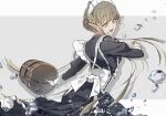  1girl :d akekaede824 alternate_costume apron arknights black_dress blonde_hair bucket commentary dress elf enmaided frills grey_background highres holding holding_bucket long_hair long_sleeves looking_down maid maid_apron maid_day maid_headdress muelsyse_(arknights) open_mouth pointy_ears shadow smile solo splashing water water_drop white_apron wooden_bucket yellow_eyes 