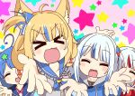  4girls ahoge animal_ear_fluff animal_ears animal_hood blonde_hair blue_hair blue_hoodie blue_sailor_collar blunt_bangs blush cat_ears character_request dress fish_girl frilled_sailor_collar frills gawr_gura grey_hair hair_ornament hololive hololive_english hood hoodie indie_virtual_youtuber lifebuoy_hair_ornament long_hair long_sleeves low_twintails lucky_star motteke!_serafuku multicolored_hair multiple_girls neckerchief open_mouth paper_boat parody power-j red_hair red_hoodie sailor_collar sameko_saba senzawa shark_girl shark_hair_ornament shark_hood sharp_teeth short_hair sleeveless smile star_(symbol) star_hair_ornament streaked_hair style_parody teeth twintails virtual_youtuber voice_actor_connection white_dress 