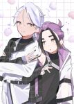  alternate_costume alternate_hairstyle arrow_(symbol) asymmetrical_sleeves black_hair black_nails chain chain_necklace drayton_(pokemon) flying_sweatdrops grey_hair grid_background hair_between_eyes heart highres jacket jewelry kieran_(pokemon) long_sleeves male_focus mole mole_on_neck multicolored_hair multiple_boys multiple_rings nail_polish necklace parted_lips pokemon pokemon_sv purple_hair ring shizumu_(4_zu6) sweat v yaoi yellow_eyes 