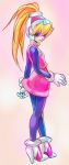  1girl blonde_hair blue_eyes blush bodystocking capcom ciel_(rockman_zero) female full_body gloves hair_between_eyes headgear high_heels inti_creates kon_(kin219) long_hair looking_back miniskirt pink_skirt rockman rockman_zero shoes simple_background skirt solo standing white_gloves 