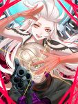  1boy 1girl absurdres ai_the_somnium_files aiba_(ai_the_somnium_files) artificial_eye black_jacket blonde_hair clenched_teeth date_kaname enasuska gloves gun highres jacket long_hair long_sleeves looking_at_viewer medium_hair multicolored_hair open_mouth purple_gloves red_eyes red_hair revolver see-through_body smile streaked_hair teeth very_long_hair weapon white_hair yellow_eyes 