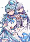  2girls aqua_hair asymmetrical_dress az_mmzk back-to-back bag_bow bare_shoulders blue_bow blue_bowtie blue_brooch blue_choker blue_eyes blue_hairband blue_hat blue_sleeves blunt_bangs bow bow_choker bow_legwear bowtie brooch choker clothing_cutout commentary_request cowboy_shot cure_lillian cure_nyammy dress dress_bow eyelashes fingernails frilled_arm_warmers frilled_sleeves frills grey_hair hair_bow hairband hand_on_own_stomach happy hat hat_bow heads_together heart heart_brooch high_side_ponytail highres jewelry light_blush long_hair magical_girl medium_dress mini_hat mini_top_hat multicolored_bow multiple_girls nekoyashiki_mayu nekoyashiki_yuki open_mouth paw_print pink_bow precure purple_eyes short_sleeves shoulder_cutout simple_background single_stripe smile standing straight_hair striped_bow striped_bowtie striped_clothes striped_sleeves teeth thighhighs top_hat tsurime very_long_hair waist_bag wavy_hair white_arm_warmers white_background white_bag white_dress wonderful_precure! 