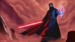  1boy absurdres black_robe darth_nihilus electricity energy_sword gustavolandsmann highres holding holding_sword holding_weapon lightsaber red_lightsaber robe solo star_wars star_wars:_knights_of_the_old_republic sword weapon white_mask 