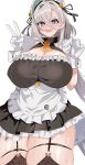  1girl alternate_costume apron black_dress black_thighhighs blush breasts cleavage dress enmaided fate/grand_order fate_(series) gloves green_hair grey_eyes hair_between_eyes highres huyan_zhuo_(fate) huyan_zhuo_(fgo_fes._2025)_(fate) large_breasts long_hair looking_at_viewer maid maid_headdress multicolored_hair official_alternate_costume open_mouth puffy_short_sleeves puffy_sleeves puti_tomato19 short_sleeves simple_background skindentation smile solo streaked_hair thick_thighs thighhighs thighs very_long_hair waist_apron white_apron white_background white_gloves white_hair wrist_cuffs 