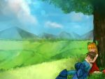  1girl armor blackball blonde_hair bow brown_hair commentary_request dress field green_bow hug hug_from_behind red_dress resting rockman rockman_(character) rockman_(classic) roll scenery tree 
