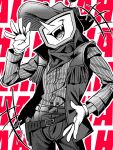 1boy ant_tenna belt belt_buckle buckle chaps cowboy_hat cowboy_shot crt deltarune fangs gloves greyscale_with_colored_background hat highres humanoid_robot iagura_gura male_focus mechanical_arms object_head open_mouth pinstripe_pattern pinstripe_shirt pointy_nose robot scarf shirt shirt_tucked_in smile vest 