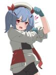  1girl aqua_gloves beret black_shirt black_shorts blue_hair bow bright_pupils colphne_(girls&#039;_frontline_2) commentary_request girls&#039;_frontline girls&#039;_frontline_2:_exilium gloves hair_bow hat highres jacket looking_at_viewer medium_hair open_clothes open_jacket open_mouth plasbott red_bow red_eyes shirt short_twintails shorts simple_background sleeves_rolled_up solo teeth twintails two-tone_shirt upper_teeth_only white_background white_hat white_jacket white_pupils white_shirt 