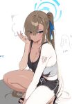  1girl alternate_costume alternate_hairstyle arm_tattoo armpit_crease asuna_(blue_archive) bare_shoulders between_legs black_sandals black_shorts blue_archive blue_eyes blue_halo blue_ribbon blush breasts brown_hair casual cigarette cleavage closed_mouth collarbone commentary_request crop_top dolphin_shorts doodle_inset eyelashes eyes_visible_through_hair flower_tattoo hair_between_eyes hair_over_one_eye hair_over_shoulder hair_ribbon halo hand_between_legs hand_up highres holding holding_cigarette knees_out_of_frame large_breasts long_hair looking_at_viewer mole mole_on_breast ponytail ribbon sandals shorts sidelighting sidelocks signallerc simple_background smoke smoking solo squatting straight_hair tattoo thighs very_long_hair white_background 