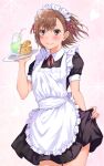  1girl alternate_costume apron asymmetrical_bangs black_dress brown_eyes brown_hair commentary_request dress enmaided frilled_apron frills highres holding holding_tray looking_at_viewer maid maid_apron maid_headdress misaka_mikoto puffy_short_sleeves puffy_sleeves short_sleeves simple_background sioo_1029 smile solo toaru_kagaku_no_railgun toaru_majutsu_no_index tray waist_apron white_apron 