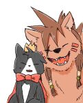  2boys awkward black_fur bow cait_sith_(final_fantasy) cape closed_eyes commentary_request crown facial_mark facing_viewer fangs final_fantasy final_fantasy_vii final_fantasy_vii_remake furry furry_male male_focus mogonigirimog multicolored_fur multiple_boys open_mouth red_cape red_fur red_xiii scar scar_across_eye scar_on_face smile sweatdrop white_background white_fur 