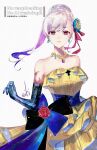 1girl bare_shoulders blue_hair blue_hands blush breasts cleavage colored_inner_hair dress earrings eiki_(eikityou_55) fate/grand_order fate_(series) flower hair_flower hair_ornament hair_ribbon highres jewelry kama_(fate) kama_(fgo_fes._2025)_(fate) large_breasts long_hair looking_at_viewer multicolored_hair necklace red_eyes ribbon sash smile solo two-tone_hair white_hair yellow_dress 