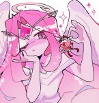  1boy 1girl angel angel_wings breasts colored_skin cookie_run cookie_run:_kingdom demon_girl dress eternal_sugar_cookie eyes_on_wings gold_wheat halo highres holding holding_instrument holding_lyre humanization instrument katkit637729776 long_hair looking_at_viewer lyre pavlova_cookie pink_eyes pink_hair pink_skin very_long_hair white_eyeshadow wings 