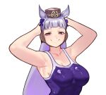  1girl absurdres animal_ears armpits arms_behind_head bare_arms blunt_bangs breasts brown_hat closed_mouth collarbone commentary english_commentary gold_ship_(umamusume) hat highres horse_ears horse_girl long_hair looking_at_viewer medium_breasts nusekiiii one-piece_swimsuit pink_eyes purple_hair purple_one-piece_swimsuit simple_background smile solo swimsuit umamusume upper_body white_background 
