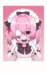  1girl :3 ambiguous_red_liquid apron artist_name back_bow black_bow black_bowtie black_choker border bow bowtie brooch cat_hair_ornament choker closed_mouth dress eyepatch glove_bow gloves gradient_background grey_bow hair_between_eyes hair_bow hair_ornament hands_up hashtag-only_commentary highres holding holding_whisk index_finger_raised jewelry kur0na light_smile long_hair looking_at_viewer maid_headdress medical_eyepatch no_pupils one_eye_covered original outline pink_background pink_dress pink_eyes pink_hair pointing pointing_at_self polka_dot polka_dot_background puffy_short_sleeves puffy_sleeves short_sleeves solo straight-on thick_eyebrows translated upper_body whisk white_apron white_border white_gloves white_headdress white_outline 