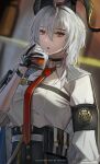  1girl absurdres armband black_armband black_choker black_gloves black_horns black_pants blurry blurry_background breasts chest_harness choker commentary cup curled_horns drinking_glass english_commentary erlisa_takanashi gloves hair_between_eyes harness high-waist_pants highres holding holding_cup horns looking_at_viewer medium_breasts necktie open_mouth pants red_eyes red_necktie shirt shirt_tucked_in solo white_shirt wuthering_waves zani_(wuthering_waves) 