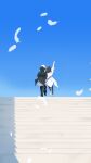  1boy 1girl absurdres arknights arm_up blue_sky doctor_(arknights) feathers hakase_(synthesizer_v) highres priestess_(arknights) rpglauncher1157886717 sky stage 