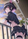  1girl absurdres alternate_costume animal_ears arm_support ass bikini black_bikini black_capelet black_hair blue_archive blunt_bangs blurry blurry_background blush breasts capelet cat_ears cat_girl closed_mouth colored_inner_animal_ears colored_inner_hair commentary_request extra_ears frilled_bikini frills from_below from_side halo heimu_(heim_kstr) highres kazusa_(blue_archive) looking_at_viewer medium_breasts multicolored_hair outdoors palm_tree pink_hair pink_halo red_eyes short_hair sidelighting slit_pupils smile solo split_mouth sunset swimsuit thigh_strap tree two-tone_hair 