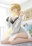  1girl absurdres black_bra blindfold blush bra breasts cleavage eous_(zenless_zone_zero) evelyn_chevalier eyes_visible_through_hair hair_over_one_eye hickey highres indoors kkuni large_breasts long_hair long_sleeves mole mole_under_eye off_shoulder open_mouth purple_eyes saliva_drip shirt solo thighs underwear white_shirt zenless_zone_zero 