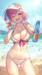  1girl ;d beach bikini blush bottle breasts cleavage collarbone commentary cowboy_shot fate/grand_order fate_(series) front-tie_bikini_top front-tie_top halterneck hat highres ichikawa_haru large_breasts mash_kyrielight mash_kyrielight_(swimsuit_of_perpetual_summer) medium_hair navel official_alternate_costume one_eye_closed open_mouth outdoors purple_eyes purple_hair ramune revision sky smile stomach sunlight swimsuit white_bikini 