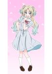  1girl absurdres blonde_hair blue_dress blue_hair blush breast_pocket brown_shoes closed_mouth commentary_request dress fang flower full_body gradient_background gradient_hair hair_flower hair_ornament hand_on_own_hip hasu_no_sora_school_uniform highres kara_iroha link!_like!_love_live! loafers looking_at_viewer love_live! medium_dress multicolored_hair neckerchief osawa_rurino outline pillarboxed pink_background pink_flower pleated_dress pocket puffy_short_sleeves puffy_sleeves red_neckerchief sailor_collar sailor_dress school_uniform shoes short_sleeves simple_background skin_fang smile socks solo standing summer_uniform two-tone_hair virtual_youtuber w w_over_mouth white_outline white_sailor_collar white_socks 