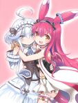  2girls ahoge ajitarou_(setsu) animal_ears black_ribbon black_shirt blue_eyes blue_necktie detached_sleeves dragon_wings dress emil_chronicle_online frilled_dress frilled_hairband frilled_sleeves frills hairband highres hug long_hair looking_at_viewer mecha_musume mitama_aria mitama_nanai multiple_girls necktie open_mouth pink_hair ribbon shirt skirt white_hair white_skirt wings yellow_eyes 