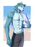  abs absurd_res anthro athletic athletic_anthro athletic_male biped black_bottomwear black_clothing black_nose black_pants blue_body blue_eyes blue_fur bottomwear brand_new_animal canid canine canis cheek_tuft clothed clothing clothing_over_shoulder dxmdwq764027 facial_tuft fur hi_res inner_ear_fluff looking_at_viewer male mammal multicolored_body multicolored_fur muscular muscular_male navel pants shirou_ogami shirt simple_background solo studio_trigger text topwear tuft two_tone_body two_tone_fur vein white_body white_clothing white_fur white_shirt white_topwear wolf 