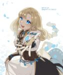  blaanid_(mabinogi) blonde_hair blue_eyes fingerless_gloves gloves hood korean_text looking_at_viewer mabinogi petals robe smile taaaango 