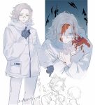  2boys animal_ears aotsuki_eito black_gloves blood blood_on_clothes blood_on_face cat_ears clenched_hand coat glasses gloves grey_hair highres hood hood_down hooded_coat kemonomimi_mode male_focus multiple_boys multiple_views na73 pants short_hair sumino_takumi the_hundred_line_-last_defense_academy- translation_request white_coat white_pants wide-eyed 