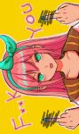  1girl :p aubrey_(faraway)_(omori) aubrey_(omori) bow_hairband brown_sailor_collar censored censored_gesture censored_text closed_mouth collarbone commentary double-parted_bangs double_middle_finger english_text frown green_eyes green_hairband green_nails hair_between_eyes hairband hands_up highres long_hair looking_at_viewer middle_finger nail_polish omori outline pink_hair pink_outline portrait qq_(oooomoribiglove) sailor_collar scribble_censor sideways simple_background solo straight-on straight_hair symbol-only_commentary tongue tongue_out transparent_censoring upturned_eyes v-shaped_eyebrows yellow_background 