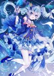  1girl aqua_eyes aqua_hair bare_shoulders blue_bow blue_dress blue_gloves blue_shoes bow collarbone dress fingerless_gloves frilled_thigh_strap gloves hair_bow hatsune_miku highres holding holding_wand long_hair official_alternate_costume official_alternate_hairstyle open_mouth shoes sky smile solo star_(sky) starry_sky thigh_strap tsukushi_koto twintails very_long_hair vocaloid wand wide_sleeves yuki_miku yuki_miku_(2017) 