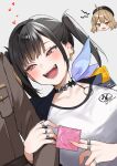  1boy 2girls :d absurdres anis_(nikke) black_choker breasts choker commander_(nikke) condom condom_wrapper goddess_of_victory:_nikke highres holding holding_another&#039;s_arm holding_condom jealous jewelry large_breasts mole mole_under_eye multiple_girls nigi_(ngmnoym) open_mouth red_eyes ring smile sora_(nikke) teeth twintails 