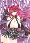  1girl arms_up azur_lane bare_shoulders bat_wings black_dress blue_eyes breasts bug butterfly cleavage clothing_cutout commentary_request cowboy_shot detached_sleeves dress floating floating_object halterneck hand_in_own_hair heterochromia highres horns huge_breasts long_hair long_horns looking_at_viewer marker_(medium) mecklenburg_(azur_lane) navel_cutout open_clothes pink_butterfly pink_hair pink_horns purple_background red_eyes smile solo traditional_media uzuharu_(uduharu) very_long_hair wings 